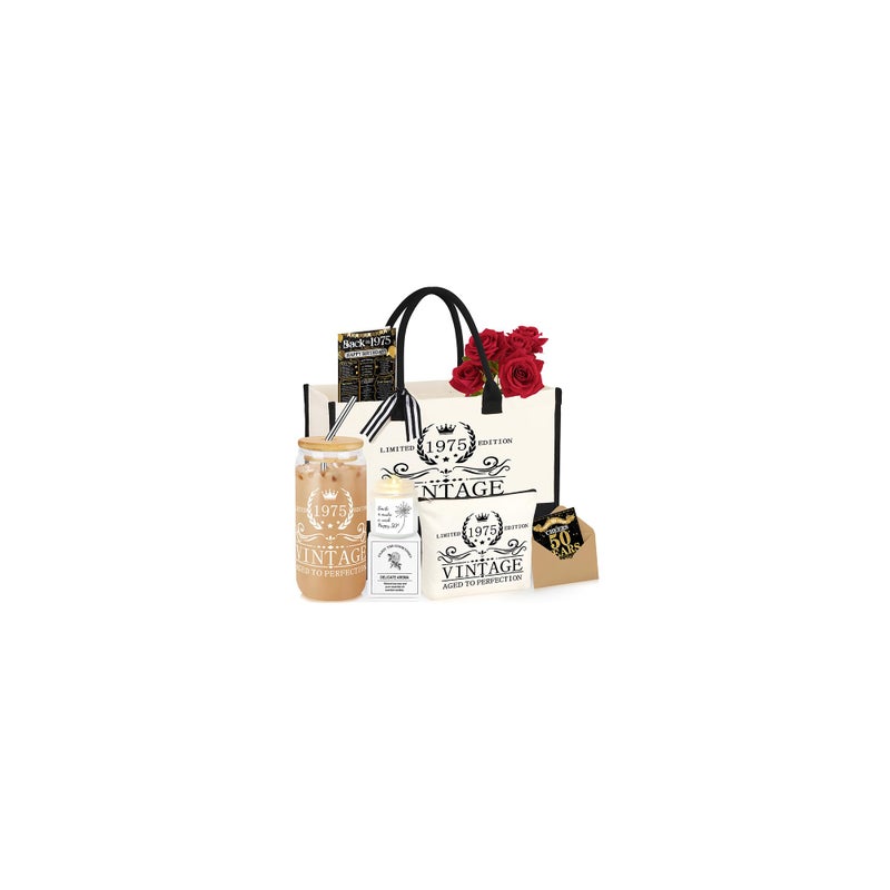 DOGMEM 50th Birthday Gifts for Women Tote Bag Birthday Gifts for Her Turning 50 Vintage 1975 50 Years Old Gifts for Mom Wife Sister 1975 Canvas Tote Bag Makeup Bag Back in 1975 Poster Gifts for Her - Image 1